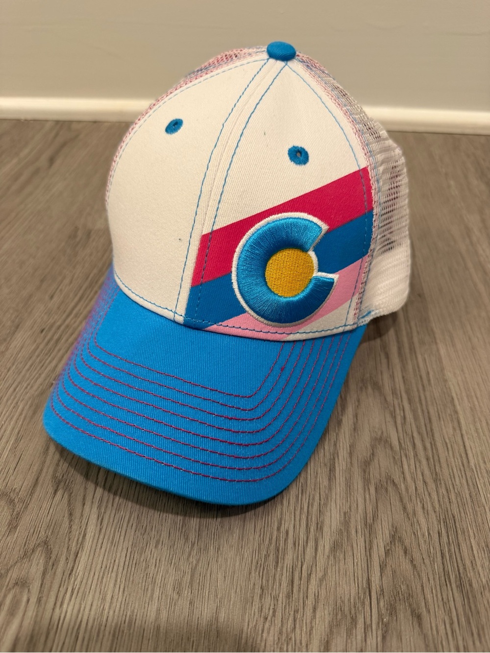 White and Blue Trucker Hat with Pink Accents by Yocolorado